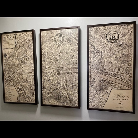 Framed Vinyl Triptych - Map of Paris circa 1710